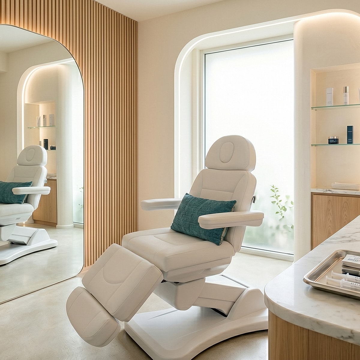Modern aesthetic treatment room with adjustable chair.